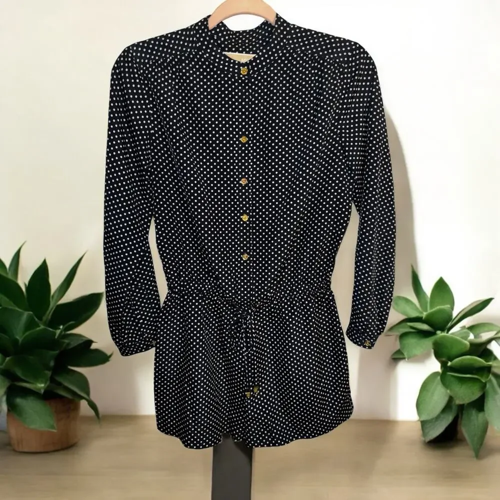 Michael Kors Women Navy Blue White Polka Dot Tunic Top Gold Buttons Size PS